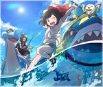  1girl ;d bangs bare_legs beanie black_hair blue_eyes blue_sky blush_stickers cloud day dhelmise fishing_rod floral_print gen_1_pokemon gen_2_pokemon gen_3_pokemon gen_7_pokemon green_shorts guzma_(pokemon) hat holding holding_fishing_rod lapras litten mizuki_(pokemon) one_eye_closed open_mouth outdoors pokemon pokemon_(creature) pokemon_(game) pokemon_sm popplio red_hat riding rowlet ryanpei see-through_silhouette sharpedo shirt shoes short_hair short_shorts short_sleeves shorts sky smile sneakers spinarak sun sunglasses swept_bangs t-shirt tied_shirt water white_hair z-ring 