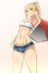  abs blonde_hair denim denim_shorts fate/apocrypha fate_(series) green_eyes highres hometa jacket jacket_removed midriff mordred_(fate) mordred_(fate)_(all) navel short_shorts shorts solo type-moon 