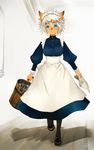  1girl animal_ears blue_eyes bucket cat_ears doraeshi dress female final_fantasy final_fantasy_xi full_body indoors maid maid_headdress mithra short_hair solo white_hair 