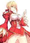  absurdres blonde_hair braid breasts cleavage daiaru fate/extra fate_(series) green_eyes highres long_hair looking_at_viewer medium_breasts nero_claudius_(fate) nero_claudius_(fate)_(all) panties simple_background solo thighs underwear white_background white_panties 