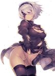  black_dress black_legwear blindfold boots cleavage_cutout commentary_request cowboy_shot dress gloves hairband inayama leotard_under_clothes mole mole_under_mouth nier_(series) nier_automata revision silver_hair skirt solo thigh_boots thighhighs yorha_no._2_type_b 