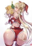  1girl ass bare_shoulders bell blonde_hair blush breasts christmas elbow_gloves fang from_behind gao-lukchup gloves hat huge_ass large_breasts leaning leaning_forward long_hair looking_at_viewer looking_back open_mouth orange_eyes original ribbon santa_costume santa_hat shiny shiny_clothes shiny_hair shiny_skin short_shorts shorts sideboob smile solo striped striped_legwear thighhighs twintails very_long_hair 