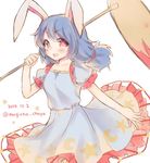  2016 ambiguous_red_liquid animal_ears blue_dress blue_hair blush bunny_ears crescent dated dress frilled_dress frills kine looking_at_viewer mallet mugicha_(mugicha0929) open_mouth red_eyes seiran_(touhou) sketch solo stain star touhou twitter_username 