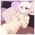  bottomless hair_ornament hairclip honebami_toushirou lying male_focus nishiki_koi on_back purple_eyes ribbed_sweater sleeves_past_wrists solo sweater touken_ranbu turtleneck white_hair 