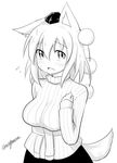  animal_ears blush breasts greyscale hat inubashiri_momiji large_breasts looking_at_viewer monochrome open_mouth short_hair signature simple_background solo tail taurine_8000mg tokin_hat touhou twitter_username white_background wolf_ears wolf_tail 