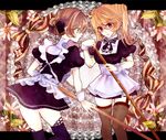  2girls apron blonde_hair breasts brown_hair dress flower glasses green_eyes leia_rolando lips long_hair maid milla_maxwell multiple_girls pink_eyes ribbon short_hair tales_of_(series) tales_of_xillia thighhighs twintails 