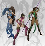  3girls breasts cleavage jade_(mortal_kombat) kitana mask mileena mortal_kombat multiple_girls sai_(weapon) weapon 