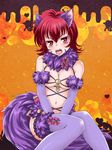 angry animal_ears blush bow breasts cosplay dangerous_beast embarrassed fate/grand_order fate_(series) fur_trim gloves halloween iria_animi jitome looking_at_viewer mash_kyrielight mash_kyrielight_(cosplay) medium_breasts navel open_mouth orange_background pink_bow purple_gloves purple_legwear red_eyes red_hair revealing_clothes rukanyo shiny shiny_skin short_hair sitting solo tail tales_of_(series) tales_of_innocence thighhighs very_short_hair 