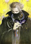  amano_yoshitaka beads black_cloak book_of_the_new_sun cover cover_page covered_mouth face_mask flower grey_eyes hair_slicked_back highres jewelry male_focus mask mask_removed novel_cover official_art pale_skin popped_collar ring scarf severian silver_hair solo traditional_media yellow_background 
