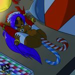  2016 abdominal_bulge anal anal_penetration anthro bell black_sclera blue_hair bluepencilpony bracelet brown_skin candy candy_cane christmas clothed clothing collar dark_skin disembodied_hand drooling facial_markings female food food_insertion footwear hair high_heels holidays holly_(plant) hoopa horn jewelry legendary_pok&eacute;mon legwear markings micro nintendo pasties penetration plant pok&eacute;mon pussy rania_din_coronella red_eyes saliva shoes skin_markings sleigh_bells stockings tan_skin tongue tongue_out vaginal vaginal_penetration video_games yellow_markings 