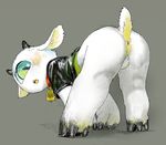  1_eye anthro anus backsack balls bent_over bottomless butt caprine clothed clothing cowbell embarrassed goat hooves kigoh-neko looking_at_viewer looking_back male mammal open_mouth raised_tail solo sweat sweatdrop 