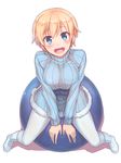  :d bangs blonde_hair blue_eyes blue_sweater blush boots brave_witches breasts from_above full_body fur_trim hair_between_eyes knee_boots konnyaku_(kk-monmon) large_breasts looking_at_viewer nikka_edvardine_katajainen open_mouth pantyhose shadow short_hair simple_background sitting smile solo sweater turtleneck turtleneck_sweater white_background white_footwear white_legwear world_witches_series 