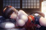  areola_slip areolae bare_shoulders black_hair blue_eyes blush breasts futon garana hairband idolmaster idolmaster_cinderella_girls japanese_clothes kimono large_breasts long_hair looking_at_viewer lying on_side pillow sagisawa_fumika solo 