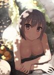  afloat arm_support artist_name ass bathing blush breasts brown_eyes bucket cleavage closed_mouth collarbone commentary_request dappled_sunlight day eyebrows_visible_through_hair from_above head_tilt highres looking_at_viewer looking_up lying medium_breasts nude on_stomach onsen original partially_submerged rock rubber_duck samegami shiny shiny_skin short_hair signature silver_hair smile solo sunlight tareme toromi_(samegami) wooden_bucket 