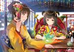  artist_name bangs blurry blurry_background blush breasts brown_eyes brown_hair chair chinese_zodiac commentary cup depth_of_field drawing eyebrows_visible_through_hair floating_hair floral_print flower flower_knot hair_ornament half-closed_eyes hanekoto holding_brush indoors japanese_clothes kanzashi kimono light_smile long_hair looking_at_another looking_down medium_breasts multiple_girls open_mouth original ponytail red_flower shrine sidelocks signature sitting smile sparkle steam table tassel tied_hair torii two_side_up vase white_flower year_of_the_rooster yellow_kimono 