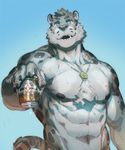  2016 abs alcohol anthro beer beverage biceps black_fur blue_eyes chest_tuft claws clouded_leopard fangs feline fur grey_fur jacketbear jewelry leopard looking_at_viewer male mammal muscular muscular_male navel necklace nipples open_mouth pecs raised_arm sharp_teeth solo spots standing sweat teeth tuft wet white_fur 