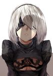  1girl black_dress blindfold breasts cleavage commentary_request dress hairband hetero hews_hack lips mole mole_under_mouth nier_(series) nier_automata penis penis_shadow shadow short_hair silver_hair small_breasts solo_focus upper_body yorha_no._2_type_b 