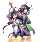  1boy 1girl belt black_hair bodysuit breasts brother_and_sister frills fur grin hisui_hearts jacket kohak_hearts long_hair open_mouth pants purple_eyes short_hair tales_of_(series) tales_of_hearts wide_sleeves 