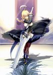  1girl ahoge blazblue blazblue:_central_fiction blonde_hair blue_eyes braid dress ere_(2516325) es_(xblaze) frills highres huge_sword long_hair single_braid sword underbust weapon white_shirt 