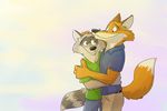  2016 4_fingers aiden_harris anthro black_eyes black_nose brown_fur canine claws closet_coon clothed clothing colin_young digital_media_(artwork) dipstick_tail duo fox fur grey_fur happy hi_res hug male male/male mammal multicolored_tail orange_fur paintfox pants raccoon red_fox ringed_tail romantic_couple shirt smile standing 
