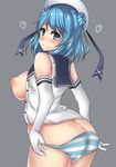 ass bad_id bad_pixiv_id blue_eyes blue_hair breasts butt_crack grey_background heart highres kantai_collection large_breasts long_hair nipples panties panty_pull puffy_nipples simple_background sleeves_rolled_up solo striped striped_panties terakoya underwear urakaze_(kantai_collection) 