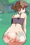  1girl ass ass_grab back bare_arms beauty_(pokemon) bent_over bottomless brown_hair day from_behind grabbing green_eyes hands looking_back npc_trainer open_mouth outside pokemon pokemon_(game) pokemon_xy ponytail pussy solo squeezing tank_top tongue tongue_out 