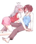  2girls barefoot blue_eyes blush breasts brown_eyes brown_hair cleavage eye_contact face-to-face hand_on_hand long_hair looking_at_another moonexplorers multiple_girls open_mouth pants pink_shorts ruby_rose rwby short_hair shorts silver_hair tank_top thigh_straddling weiss_schnee yuri 
