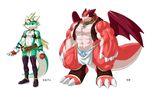  abs athletic belt biceps blonde_hair claws clothed clothing dragon duo footwear green_skin hair horn huge_muscles japanese japanese_text kuroma legwear looking_at_viewer male muscular pecs quads red_skin reptile scalie shirt shoes slim spikes stockings text translation_request triceps vest wings 