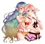  2girls alisha_diphda aqua_eyes bare_shoulders bikini blue_hair blush breasts brown_hair cleavage hug hug_from_behind jewelry long_hair multiple_girls muzet_(tales) navel pointy_ears ribbon smile tales_of_(series) tales_of_xillia tales_of_zestiria very_long_hair yellow_eyes 