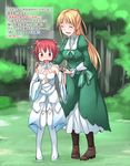  :d blonde_hair closed_eyes commentary cosplay grass hair_ribbon hand_on_another's_shoulder holding_hands izetta izetta_(cosplay) long_hair multiple_girls open_mouth ortfine_fredericka_von_eylstadt red_eyes red_hair ribbon season_connection shakunetsu_no_takkyuu_musume short_hair short_twintails shuumatsu_no_izetta smile tearing_up terada_ochiko trait_connection translated tree tsumujikaze_koyori twintails 