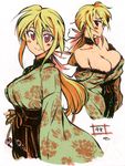 bare_shoulders blonde_hair blush breasts bursting_breasts cleavage japanese_clothes kimono kusanagi_tonbo large_breasts long_hair looking_at_viewer multiple_views original ponytail red_eyes simple_background smile white_background 