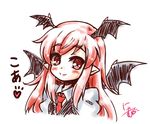  bat_wings blush commentary_request eyebrows_visible_through_hair head_wings heart juliet_sleeves koa_(phrase) koakuma long_hair long_sleeves looking_at_viewer neko_yume pointy_ears puffy_sleeves red_eyes red_hair sidelocks simple_background sketch smile solo touhou upper_body vest white_background wings 
