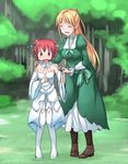  :d blonde_hair closed_eyes commentary_request cosplay crossover grass hair_ribbon hand_on_another's_shoulder holding_hands izetta izetta_(cosplay) long_hair multiple_girls open_mouth ortfine_fredericka_von_eylstadt red_eyes red_hair ribbon season_connection shakunetsu_no_takkyuu_musume short_hair short_twintails shuumatsu_no_izetta smile tearing_up terada_ochiko trait_connection tree tsumujikaze_koyori twintails 