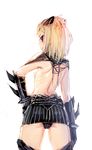 ass back bangs_pinned_back blonde_hair bow_(bhp) breasts cowboy_shot flip_flappers from_behind hand_on_hip looking_at_viewer looking_back microskirt multicolored_hair profile purple_eyes sideboob simple_background skirt small_breasts smile solo streaked_hair topless white_background yayaka 
