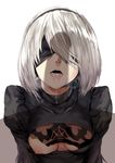  1girl black_dress blindfold breasts cleavage commentary_request dress hairband hetero hews_hack lips mole mole_under_mouth nier_(series) nier_automata one_breast_out open_mouth penis penis_shadow saliva short_hair silver_hair small_breasts solo_focus tongue upper_body yorha_no._2_type_b 