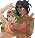  :d armpits arms_up bangs bikini_top black_hair blue_nails blush bra breasts closed_mouth dark_skin diamond diamond_(shape) earrings elite_four fingernails flower green_eyes green_hair hair_flower hair_ornament hand_gesture hand_on_another's_back head_on_chest island_kahuna jewelry large_breasts lips lipstick looking_at_viewer lychee_(pokemon) makeup mao_(pokemon) medium_breasts multiple_girls nail_polish nakaba open_mouth orange_bra pink_bra pink_lipstick pokemon pokemon_(game) pokemon_sm purple_eyes shocker_(gesture) short_hair simple_background smile swept_bangs trial_captain underwear upper_body white_background 