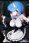  apron ball_and_chain blood blue_eyes blue_hair breasts cleavage commentary_request detached_sleeves flail glowing_horn hair_over_one_eye horn large_breasts looking_at_viewer maid negija oni re:zero_kara_hajimeru_isekai_seikatsu rem_(re:zero) short_hair solo spike_ball underbust waist_apron weapon 