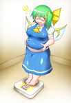  /\/\/\ 1girl absurdres ascot asheta7 barefoot belly_grab big_belly blue_eyes blush breasts collared_shirt commentary d: daiyousei fairy_wings fat fat_folds full_body green_hair highres large_breasts narrowed_eyes open_mouth pinching puffy_short_sleeves puffy_sleeves shiny shiny_clothes shiny_hair shiny_skin shirt short_hair short_sleeves side_ponytail skirt skirt_set solo sweat tears touhou translated turn_pale undersized_clothes vest weighing_scale weight_conscious weight_gain wings 