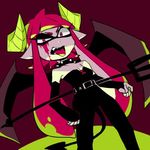  collar commentary_request demon_girl demon_tail domino_mask horns inkling lowres mask nana_(raiupika) pink_eyes pink_hair polearm solo splatoon_(series) splatoon_1 studded_collar tail tentacle_hair trident weapon 