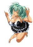  ahoge artist_request breasts cleavage cross-laced_clothes dress full_body green_eyes green_hair ikkitousen jewelry large_breasts looking_at_viewer necklace one_eye_closed ryofu_housen shiny shiny_skin simple_background skirt solo strapless strapless_dress twintails white_background 