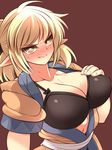  3: ahoge angry black_bra blonde_hair blush bra breast_hold breasts cleavage frown full-face_blush green_eyes hand_on_breast highres large_breasts looking_at_viewer mizuhashi_parsee navel open_clothes open_robe pointy_ears revision robe short_hair solo sweat touhou ueda_katsuhito underwear v-shaped_eyebrows 