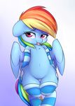  2017 absurd_res blue_feathers blue_fur blush clothed clothing cutie_mark equine eyelashes feathered_wings feathers female friendship_is_magic fur gradient_background hair heavymetalbronyyeah hi_res legwear looking_at_viewer mammal multicolored_hair multicolored_tail my_little_pony navel pegasus rainbow_dash_(mlp) rainbow_hair rainbow_tail simple_background solo striped_legwear stripes tongue tongue_out wings 