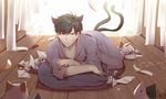  2016 alternate_eye_color animal animal_ears artist_name bakeneko bangs black_hair blurry cat cat_ears cat_tail closed_mouth collarbone crumpled_paper curtains cushion dated depth_of_field eyebrows_visible_through_hair flying_paper japanese_clothes kimono long_sleeves lying male_focus matsuno_ichimatsu multiple_tails on_floor on_side osomatsu-kun osomatsu-san paper phino pillow purple_eyes shadow signature tail two_tails whiskers wide_sleeves wooden_floor 
