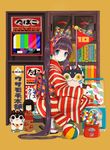 black_hair blue_eyes bookshelf cabinet candy cat_mask chewing_gum closed_mouth commentary_request food from_side gashapon gashapon_machine gumball gumball_machine headdress highres holding holding_mask japanese_clothes jar kimono kokeshi long_hair looking_at_viewer mask obi original pennant poster_(object) red_kimono sandals sash simple_background socks solo squatting striped striped_kimono television twintails usamochi. very_long_hair white_legwear yellow_background 