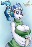  2017 anthro big_breasts blue_hair breasts cleavage clothed clothing cup female hair looking_at_viewer marukomuru nintendo open_mouth pok&eacute;mon primarina solo sweater video_games watermark 