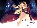  bangs barefoot black_dress black_panties blonde_hair blurry blush cafe cape chain closed_mouth crossed_ankles depth_of_field dress earrings ereshkigal_(fate/grand_order) eyebrows_visible_through_hair eyelashes fate/grand_order fate_(series) floating_hair full_body glowing hair_ribbon head_tilt jewelry knees_up light_particles long_hair long_sleeves looking_at_viewer miya_(ete) panties parted_bangs red_cape red_eyes red_ribbon ribbon short_dress sitting skull_necklace sleeves_past_wrists smile solo tiara two_side_up underwear wind 
