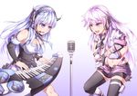  absurdres alaska_(zhan_jian_shao_nyu) bare_shoulders black_legwear blue_eyes blue_hair choker covered_nipples detached_sleeves guam_(zhan_jian_shao_nyu) headset highres instrument keyboard_(instrument) lavender_eyes lavender_hair leaning_forward microphone multiple_girls music neck_ribbon playing_instrument ray_(pixiv9514208) ribbon singing thighhighs zhan_jian_shao_nyu 