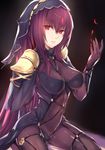  absurdres bodysuit breasts covered_navel fate/grand_order fate_(series) gae_bolg highres kyouki large_breasts long_hair looking_at_viewer parted_lips pauldrons polearm purple_bodysuit purple_hair red_eyes scathach_(fate)_(all) scathach_(fate/grand_order) solo spear veil weapon 