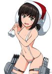  :d alternate_costume bikini black_hair breasts carrying christmas fubuki_(kantai_collection) green_eyes hat highres holding kantai_collection koutarou_(plusdrive) long_hair looking_at_viewer low_ponytail machinery micro_bikini navel open_mouth over_shoulder sack santa_hat simple_background small_breasts smile solo string_bikini sweat swimsuit white_background 