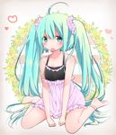  :o ahoge aqua_eyes aqua_hair bad_id bad_pixiv_id bangs barefoot blush breasts camisole cleavage collarbone commentary_request eyebrows_visible_through_hair frills full_body hair_between_eyes hair_ornament hair_scrunchie hatsune_miku heart highres long_hair looking_at_viewer medium_breasts open_mouth scrunchie sitting sleepwear solo tareme twintails umino_(umino00) very_long_hair vocaloid wariza wreath 